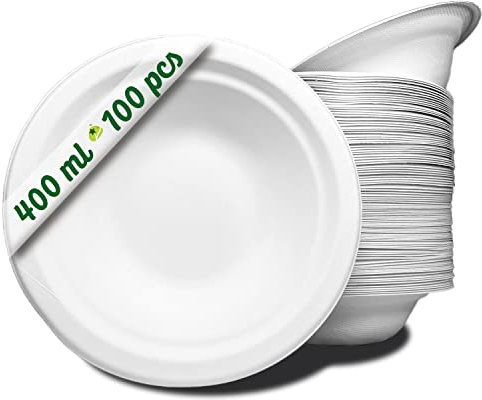 GoBeTree 100 bols en papier jetables pour canne à sucre 400 ml. Vaisselle jetable biodégradable extra forte blanche. Des bols pour les fêtes et les petits-déjeuners. Bols de bagasse