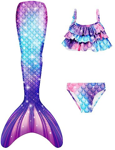 DNFUN Mädchen Meerjungfrauenschwanz zum Schwimmen mit Flosse - Meerjungfrau Flosse für Kinder mit Bikini Set und Monoflosse,AM1,110