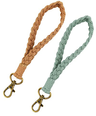 Cobee Makramee Schlüsselanhänger, 2 teilig, Boho Makramee, Schlüsselanhänger handgefertigt Schlüsselanhänger buntes Armband Schlüsselanhänger Handgelenk Lanyard (Hellgrün, Braun)
