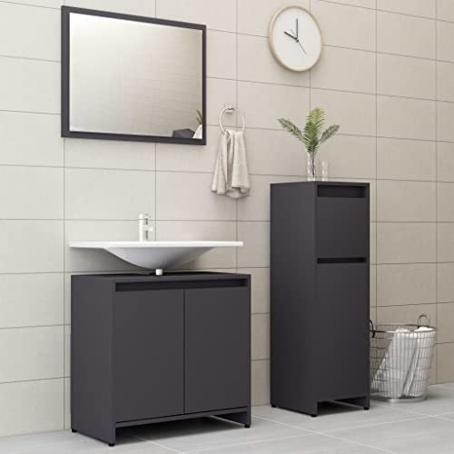 ECLAY 3-teiliges Badezimmer-Möbel-Set, graues Holz, Möbelsets, Badezimmermöbel-Sets,