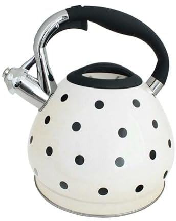 3.5 Litre Steel Teakettle-Stainless Modern Whistling Kettle Top-Copper Tea Pot with Black Dot Pattern Cool Touch Handle-Induction Gas Stove White Teapot