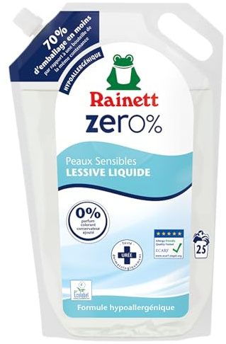RAINETT Zero% - Lessive Hypoallergénique Peaux Sensibles - Sans Parfum, ni Colorant, ni Conservateur Ajoutés - Certifiée ECARF - Ecolabel - 25 Lavages - Eco-Recharge 1,7 L