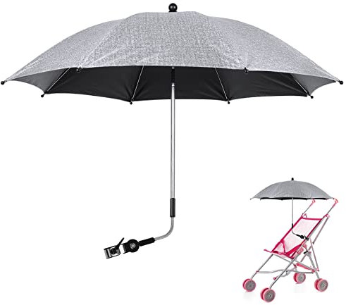 FENGQ Kinderwagen Regenschirm, Universal Sonnenschirm Sonnenschutz, Sonnenschirme für Kinderwagen, für Kinderwagen und Buggy, mit Klemme, 360° Flexiblen(72CM, Grau)