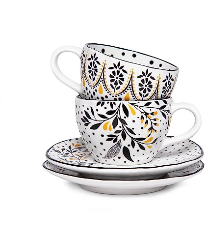 Portmeirion x Sara Miller London Artisanne Noir Set of 2 Espresso Cups & Saucers (75ml) – Porcelain Coffee Cups with Gold Detailing, Black & White Patterned Tableware