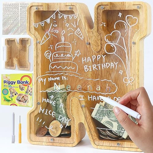 Lakpopya Spardose für Kinder Jungen Mädchen Sparschwein Kinder Spardose Personalisiert Durchsichtig Spardose Buchstabe Holz A-Z mit Zielbereich & Aufkleber & Marker, Taufe Geschenk Dekoration (N)
