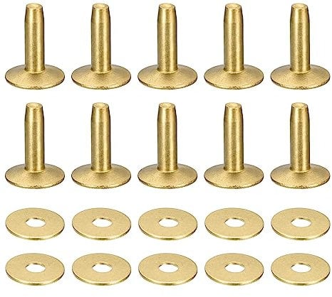 sourcing map 10 Set Brass Rivets and Burrs, 9x3.3x14mm Solid Leather Brass Rivet Fastener for Leather DIY Craft Supplies, Gold Tone