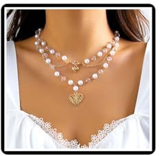 Dishowme Halskette mit Herz-Anhänger und Kristallen, Kreuzschleife, Vintage-Stil, Boho-Stil, Kunstperlen, Blume, Quasten, Schmuck für Frauen und Mädchen (Gold B)