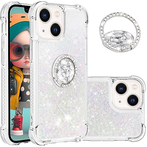 Ysnzaq Cover per Apple iPhone 15 Pro 6.1, Glitter Bling Brillante Floating Liquido Silicone TPU Case con Cavalletto Custodia per Apple iPhone 15 Pro.YBZ White