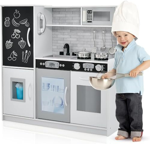 GOPLUS Cocina de Juguete de Madera con Luz y Sonido, Cocinita Infantil con Teléfono, Microondas, Fabricador de Hielo, Lavavajillas, Juguetes de Cocina para Niños de 3+ Años (Gris)