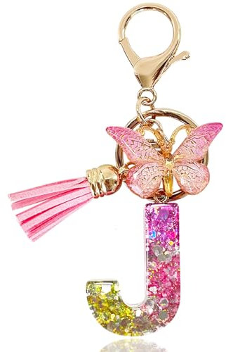 Yanmucy Buchstaben Schlüsselanhänger Mädchen Ringe Lila Niedlich Schlüsselanhänger Glitzer mit Schmetterling Quasten Harz Keychain Aesthetic für Tasche Charme Frauen Mädchen Tasche Dec (J)