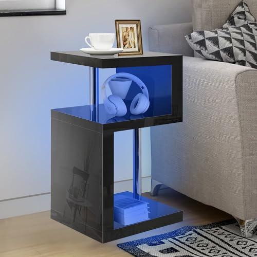 Blisswood High Gloss Coffee Table Small Side table With Storage Shelves, 2 Tier Sofa End Table With Led RGB Lights Ractangle S Shape Coffee Table For Living Room Furniture (Black)