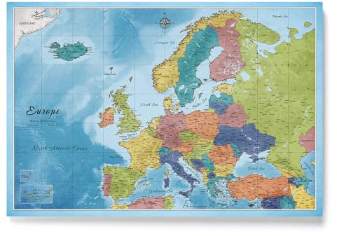 Canvas Europakarte mit Pinnwand Kork zum Pinnen der Reiseziele - Wanddeko für Jeden Raum - Hochwertige Leinwand Bilder mit Europakarte (70x50 cm, Muster 13)