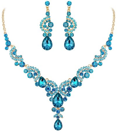 EVER FAITH Strass Kristall Hochzeit Floral Wave Teardrop Halskette Ohrringe Set Hell-Blau Gold-Ton