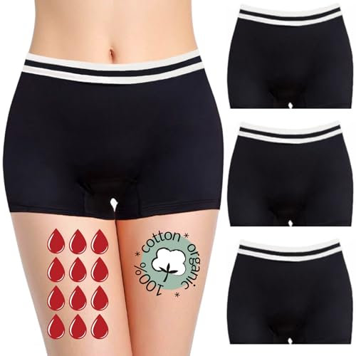 NoBlood 3er-Set Boxer Perioden Unterwäsche- Starke Blutung - Baumwolle - Nacht - Unterwäsche für die Periode - Periodenslips - Shorty Boxershorts - Stark - Mädchen Damen (Neo-Pack, Schwarz, M)