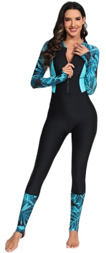 Odizli Costume da bagno da donna con coppe a maniche lunghe, chiusura lampo, lungo, in neoprene, da surf, nero/verde, M