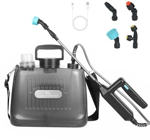Iriisy Drucksprüher 8 Liter mit 4 Nebeldüsen, Elektrischer Pflanzensprüher mit USB aufladbarem Griff für Rasen Garten Weingut (grau)