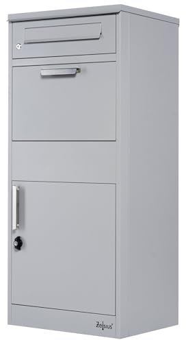 Zelsius Paketbriefkasten | RAL9007 Grau | verzinkter pulverbeschichteter Stahl mit Edelstahl Elementen | Briefkasten mit Paketfach, integrierte Rückholsperre | Bodenmontage | Paketbox, Parcel Box