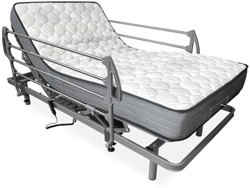 amuéblate online - Pack Cama Eléctrica Articulada Reforzada Ergotop de 5 Planos con Colchón Viscoelástico Dorsaltec + Juego Barandillas INOX, 90 x 190 cm