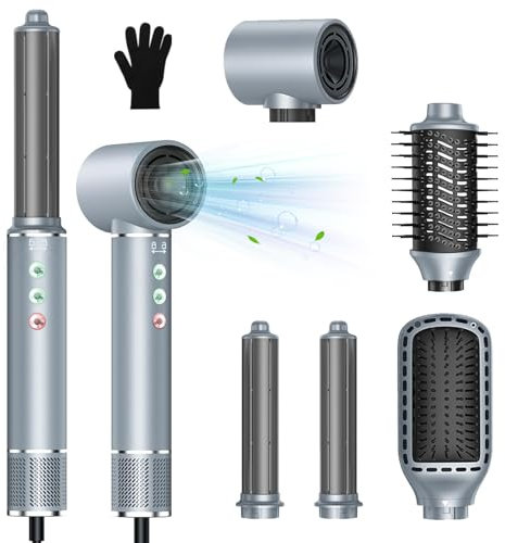 Air Styler Hair Styler avec 110000 TR/MIN 20m/s, 320 Millions d'Ions Seche Cheveux avec Fer A Boucler, Brosse Lissante, Brosse Volumisante pour Sécher, Boucler, Lisser, Donner du Volume (Bleu) (Gris)