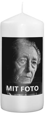 PhotoFancy® - Personalisierte Trauerkerze - Fotokerze mit eigenem Foto/Text bedrucken lassen - Kerze mit Foto-Design: Eigenes Layout - 15 cm Höhe