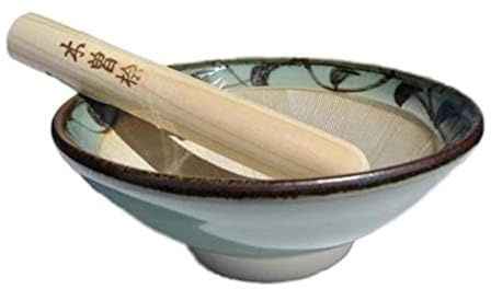 Made in Japan Mörser und Stößel Suribachi und Surikogi Set Medium 18 cm Blassblau Grün mit arabesken Muster Authentische Mino Ware Keramik (Grün Medium 18 cm Durchmesser)