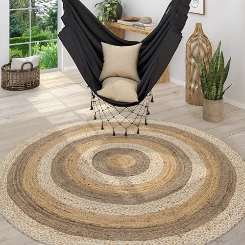 Paco Home Teppich Rund Wohnzimmer Jute Boho Ethno Muster Modern Handgefertigt Naturteppich, Grösse:160 cm Rund, Farbe:Bunt