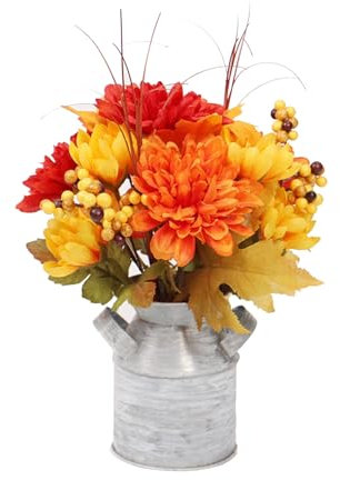 FOERPL Fleur Artificielle d'automne avec Pot en Métal Orange Bourgogne, Fausse Soie Dahlia Baie de Tournesol Automne Petite Fleur en Pot de Thanksgiving Halloween pour Bureau