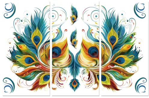 Peacoblue UV DTF Rub-On Transferfolie Möbel-Sticker Vintage Pfauenfedern Muster 15x30cm, 3 Stk. Wasserfeste Deko-Transferaufkleber für Möbel Gläser Porzellan Wäscheschränke Kommoden Holz Kunststoff