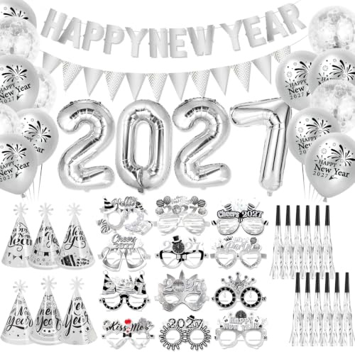 HOWAF Silvester Deko 2027 Silber, Silvester Luftballons 2027 Ballon Neujahr Folienballon, Happy New Year Banner, Streudeko, Partyhüte, Brille, Tröten für Silvesterdekoration, Happy New Year Deko