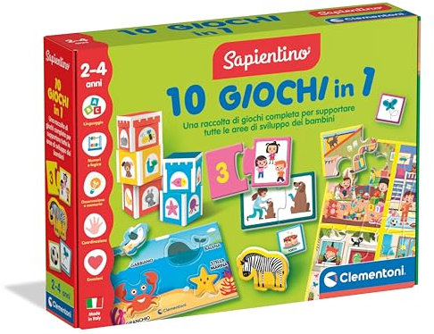 Clementoni Sapientino 10 Spiele in 1 - Lernspiel für Kinder 3-6 Jahre, illustrierte Karten, Lernen Buchstaben und Zahlen, in Italienisch, Made in Italy, 18153