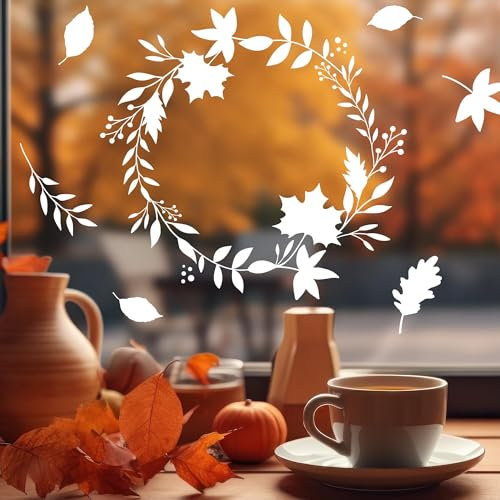 Wandtattoo Loft Fensterbild Herbst Blätterkranz Blätter Herbstlicher Fensteraufkleber Fensterdeko wiederverwendbare Fensteraufkleber Wohnzimmer, 2. A3 Bogen, Weiß