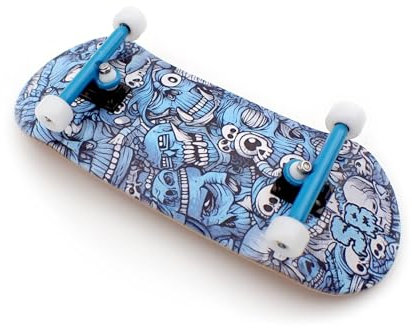 SPITBOARDS 36 x 96 mm Wood Fingerboard Complete Set-Up, Pre Assembled, 5-Layers Wood, Pro Trucks with Lock Nuts, CNC Bearing Wheels, Real Wear Graphics, Lasered Foam Grip Tape, Blue Mummy Skulls