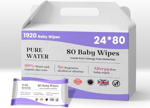 Pure Water Baby Wipes, 99% Water, Organic Aloe Vera, Fragrance-Free, Hypoallergenic (Pack of 24 (24x80PCS))