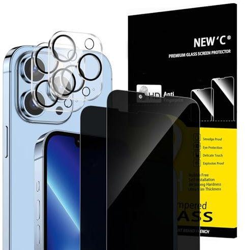 NEW'C Kit de 4, 2 x Verre Trempé Anti-Espion pour iPhone 13 Pro (6,1 Pouces) et 2 x Protection Caméra Arrière - Ultra Résistant - Dureté 9H Glass- Angle de Confidentialité 28 Degrés Amélioré