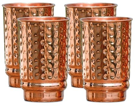 Set di 4 bicchieri martellati in puro rame, 350 ml, bicchieri ayurvedici fatti a mano per salute e benessere, bicchieri da viaggio in rame