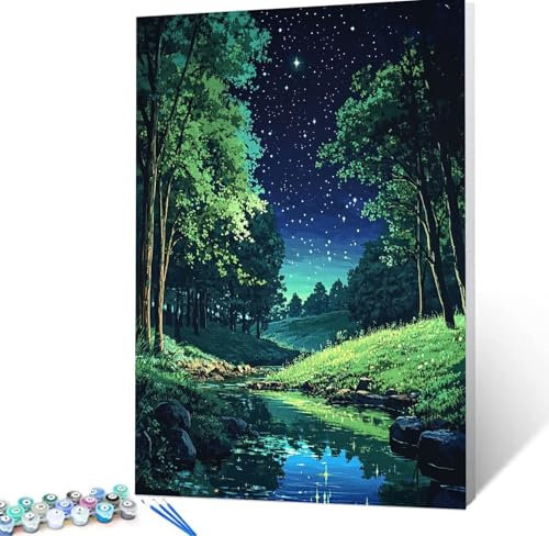 Malen Nach Zahlen Erwachsene Wald, Paint by Numbers Knitterfreie Leinwand Bilder Nacht Malen Nach Zahlen Kinder, DIY Handgemalt Ölgemälde Kreativ Bastelset Erwachsene Wanddeko,Geschenke 40x50cm H5-202