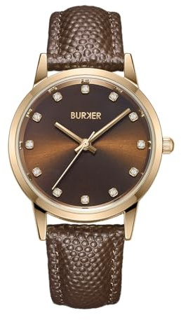 BURKER Damenuhr Amy, Runder Damen Armbanduhr mit Zirkonia Lederarmband Edelstahl Analog Quarz 3-ATM Wasserdicht - 32 mm - Gold Braun/Braun Leder