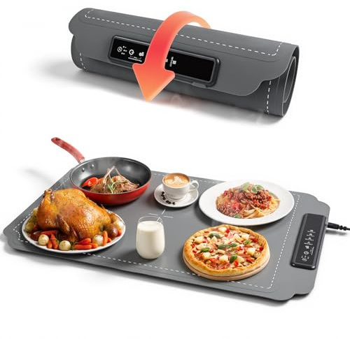 Chauffe Plat Électrique, GuKKK Plateau Chauffant Silicone Portable, Pliable Chauffe-Assiette Alimentaire avec 4 Températures Température Réglable 40°C - 100°C et Minuteur 1/3/5h, pour Fêtes, Buffets