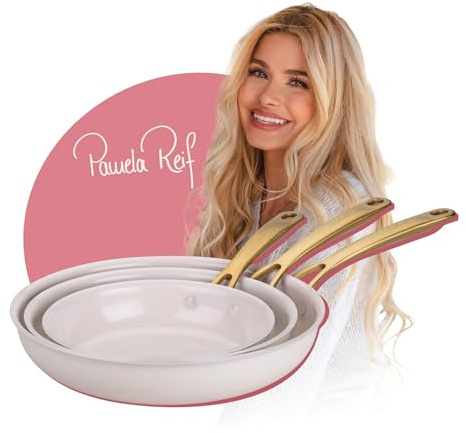Fackelmann x Pamela Reif Bratpfannen-Set 3-tlg. Ø 20/24/28 cm – aus recyceltem Aluminium, Pastell-Beige, PFAS-freie keramische Beschichtung, hitzebeständig bis 160 °C, für alle Herdarten