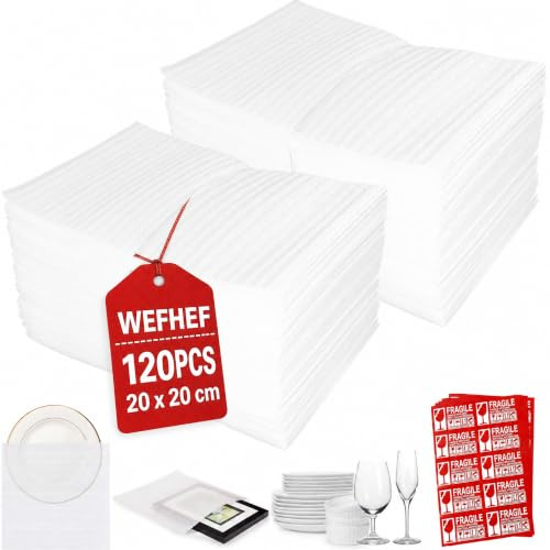 WEFHEF 120Stk Verpackungsmaterial 20 x 20cm mit 60 Zerbrechlich-Etikett, Luftpolsterfolie Schaumstoffverpackung für Umzugskartons Schaumfolie Umzugsverpackung für Umzug Geschirr Lagerung