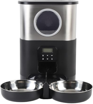 Acouto Automatiques de Chats pour Deux Chats 5L Capacité Visable Fenêtre Fenêtre Quantitative Alimentation en Acier Inoxydable 2 Bols Timed Capacité de Distributeur Alimentaire pour Animaux (Black)
