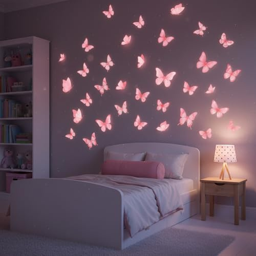 JJUNW 176 Stück Schmetterlinge Leuchtend Wandtattoo, Schmetterlinge Leuchtsticker Schmetterling Wandaufkleber Lieblich Schmetterling Deko Wandsticker Für Wohnzimmer Schlafzimmer Kinderzimmer Wanddeko