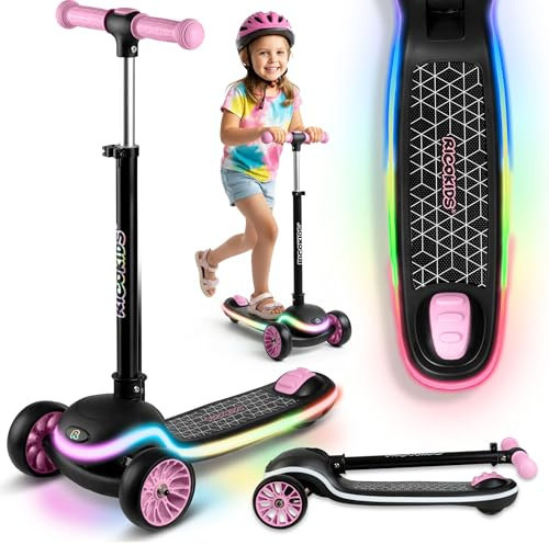 Ricokids Roller Kinder 3 Jahre - Dreirad Kinderroller - Klappbarer Scooter mit LED Leuchtdeck - 20 Lichtmodi - 3-stufige Höhenverstellung - Leddi Schwarz, Rosa