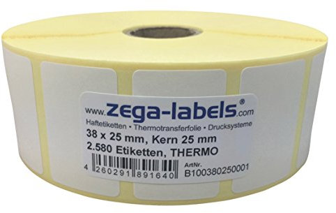 Thermo Etiketten auf Rolle - 38 x 25 mm - 2.580 Stück je Rolle - Kern: 25 mm - aussen gewickelt - permanent haftend - Druckverfahren: Thermodirekt (Drucken ohne Farbband)