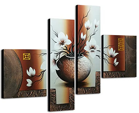 Wieco Art Leinwandbild, gespannt und gerahmt, 100% handgemalt, Heim-Dekoration, Blumen, öl-Gemälde auf Leinwand, 4-er Set, canvas, braun, 16x16inchx2pcs,10x32inchx2pcs