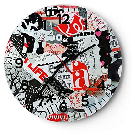 Modern Wanduhr Worte Muster Herzen Magazin 40x40cm Rund Groß Wand Uhr Glas Analog Zimmeruhren Küche Büro Wohnzimmer Glasuhr Wall Clock Dekoration Design Wanddekoration Küchenuhr C4AR40x40-3207