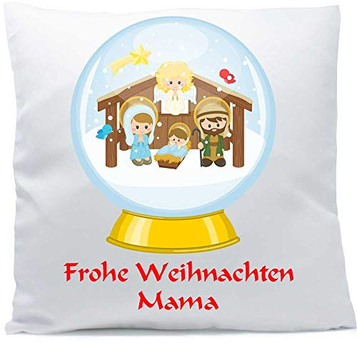 Weihnachten Kissen mit Namen Schneekugel Krippe Engel Stern 40x40 cm inkl. Füllung Deko blau rot hellblau rosa beere struktur flauschig glänzend (Vorderseite weiß/Rückseite blau)