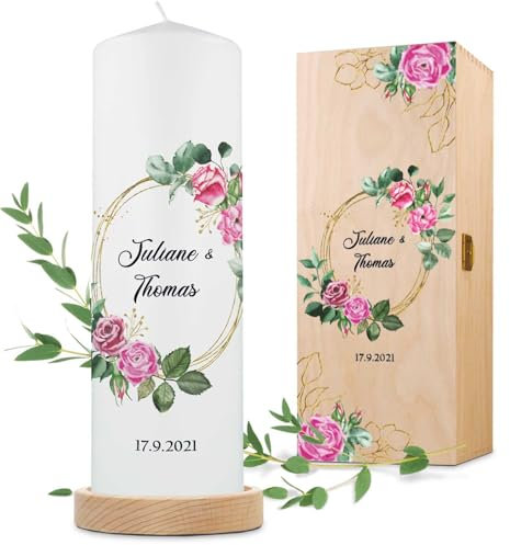 GRAVURZEILE Bedruckte Kerze - Pink Rose Design - Personalisiert mit Namen, Datum & Wunschtext - Geschenk für Paare zur Hochzeit zum Valentinstag - Hochwertige Stumpenkerze Weiß 250/80 mm