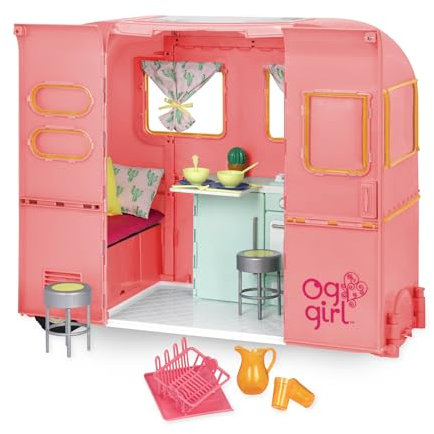Our Generation – Campinganhänger – Küchen- und Kochzubehör – 46 cm Puppenfahrzeug – Fantasiespiel – Spielzeug für Kinder ab 3 Jahren – R.V. Seeing You Camper (Pink)