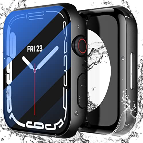 Misxi Funda Impermeable para Apple Watch Series 9 (2023) Series 8 Series 7 45mm con Protector de Pantalla de Cristal Templado, Carcasa Protectora Rígida HD Anti-Rayado para iWatch (2 en 1), Negro